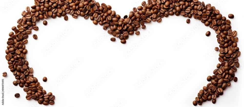 Poster valentine themed hearts frame made with roasted coffee beans and dried tea leaves placed on white ba
