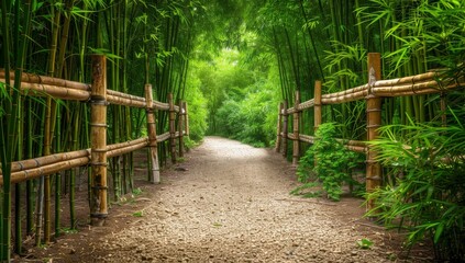Bamboo fence at the entrance of an ancient forest path, high resolution photography, high quality photo.