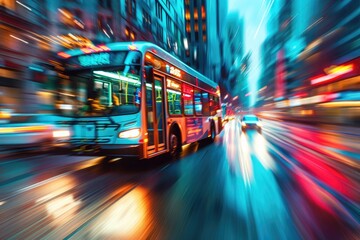 A close-up view of a public transit bus in motion, with blurred cityscape creating a vibrant...