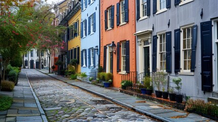 Fototapeta premium A row of quaint cobblestone houses line the street their colorful facades adding to the symphony of architectural textures and details. . AI generation.