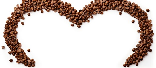 Valentine themed hearts frame made with roasted coffee beans and dried tea leaves placed on white background from the top view has space for your messages. copy space available