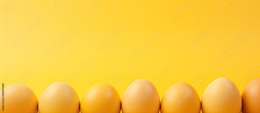 Poster yellow pastel background with easter eggs and copy space image