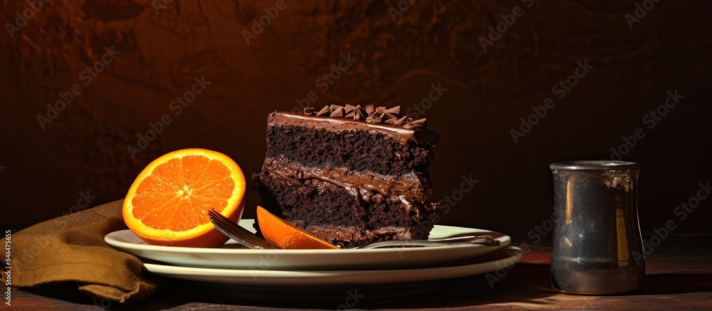 Poster there is a copy space image of a piece of chocolate cake and an orange on a plate against a table ba