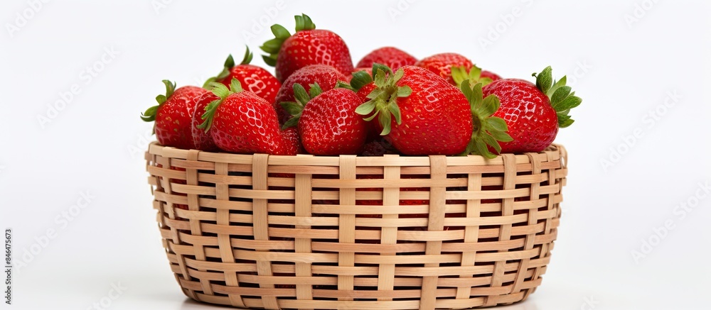 Poster front view copy space image of a bamboo basket filled with strawberries set against a clean white ba