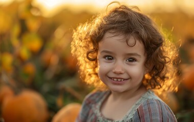 A happy child with curly hair smiling in a pumpkin patch, captured during the golden hour, perfect for autumn and festive themes.