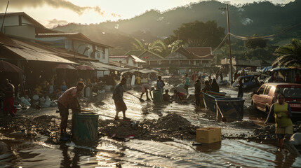 Fototapeta premium Residents navigate a flooded marketplace at sunset, capturing the resilience and daily life amidst natural challenges.