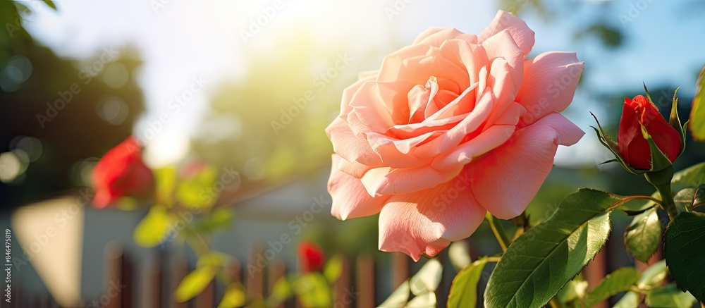Aufkleber On a sunny day there is a beautiful rose blooming in the garden providing ample space for adding text