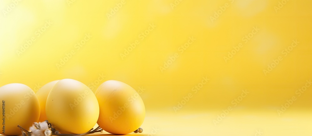 Poster yellow pastel background with easter eggs and copy space image