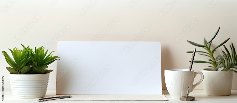 Poster the top down view of a white wooden office desk showcases a tablet pc notepad pen plant and coffee c