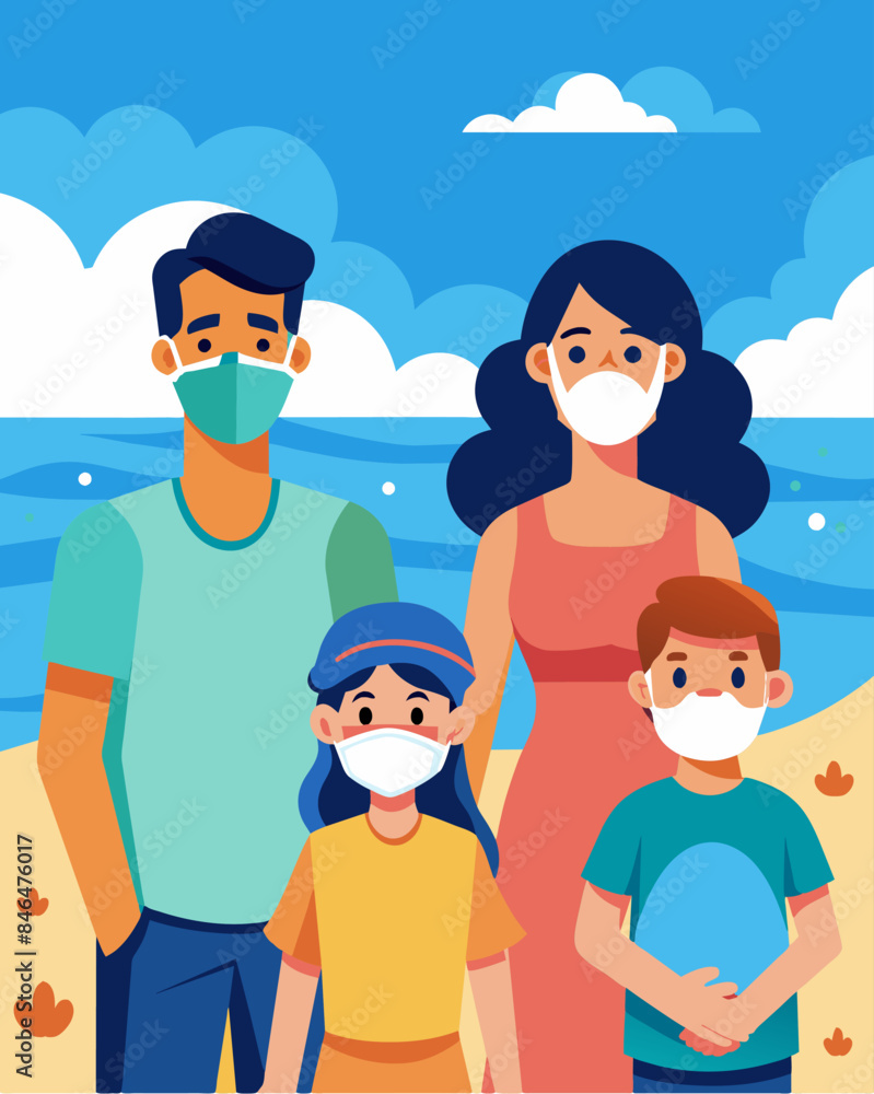 Poster on a beach a family enjoys a day by the ocean each wearing a different style of pollution mask to sh