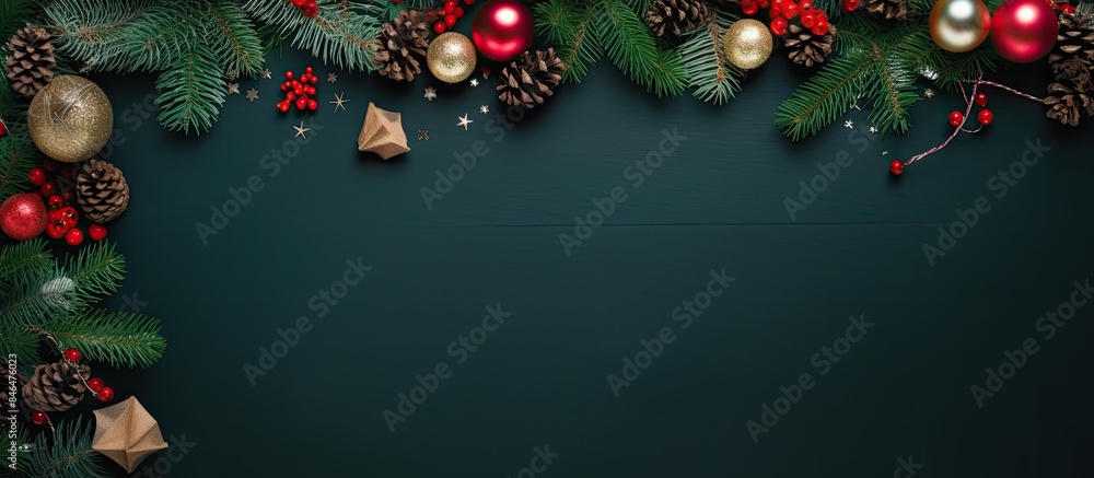 Aufkleber top view of a flat lay christmas frame with festive decorations against a green background there is 