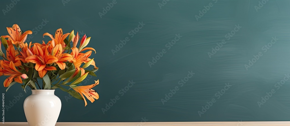 Poster In the room there is a vase displaying vibrant alstroemeria flowers on a table with ample space around for a copy space image