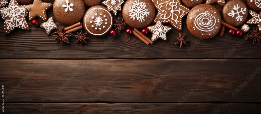 Poster festive background with gingerbread cookies arranged in an oval on a wooden board. copy space availa