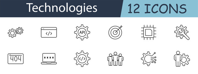 Technologies set icon. Includes coding, API, gears, computer, and network symbols. Perfect for IT, software development, and tech services concepts. Vector line icon on white background.