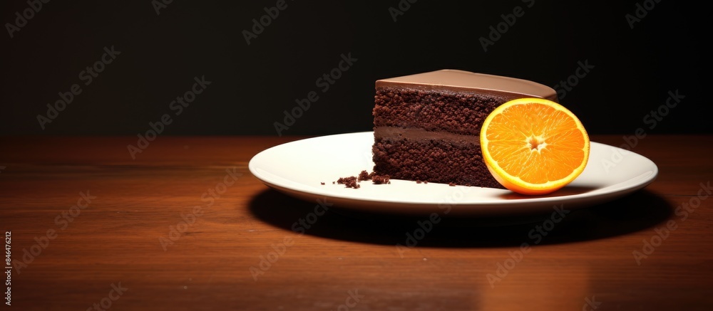 Poster There is a copy space image of a piece of chocolate cake and an orange on a plate against a table background