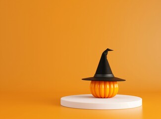 Fototapeta premium A pumpkin wearing a witch hat, placed on a white platform against an orange background, ideal for Halloween displays. Copy space. 