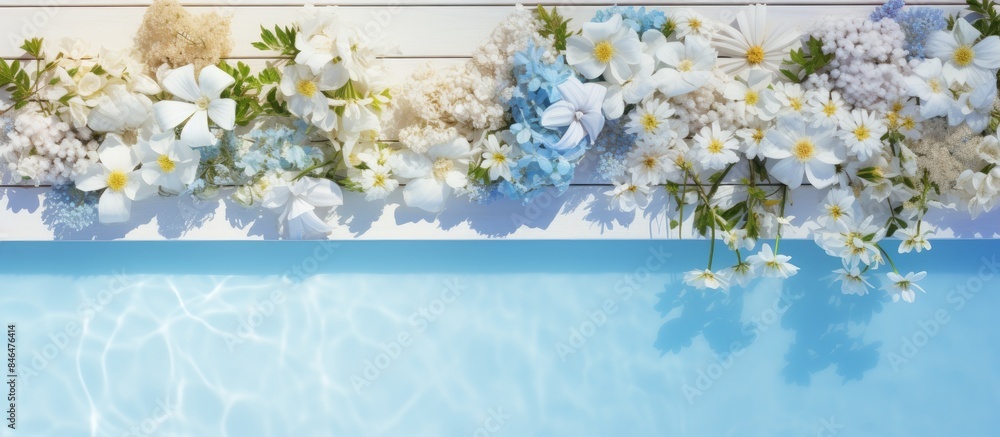 Poster top view of a flat sunbed surrounded by a captivating border of fresh flowers in soft pastel blue hu