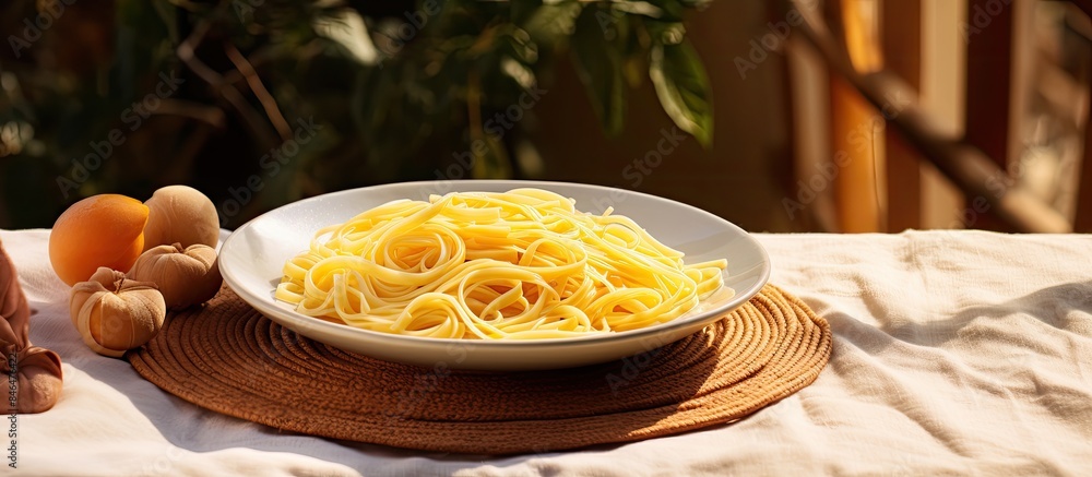 Poster copy space image of a white plate of pasta set against a backdrop of wicker service