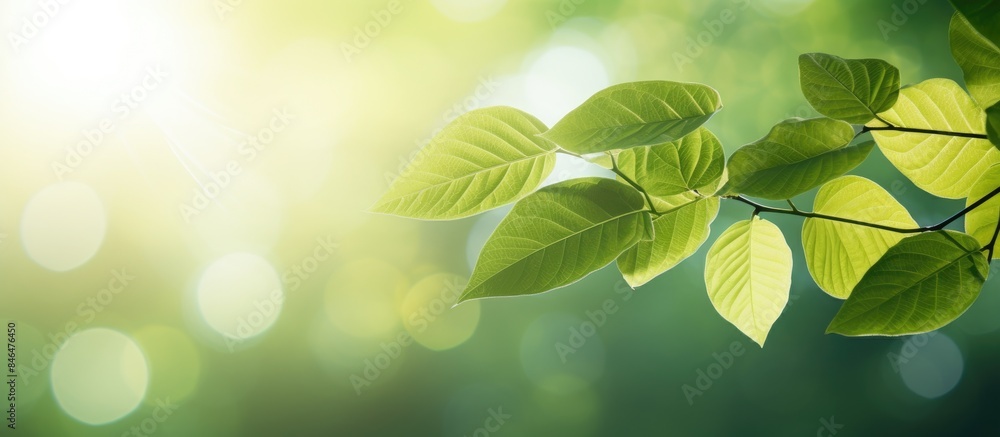 Poster the leaves are blurred by sunlight against a green background creating a copy space image