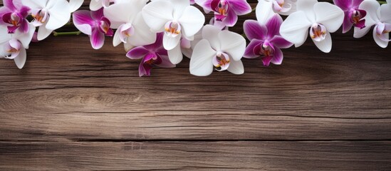 Copy space image of orchids set against a rustic wooden backdrop