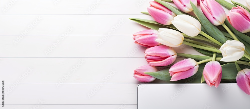Poster copy space image of a laptop placed on a white floor surrounded by beautiful tulips
