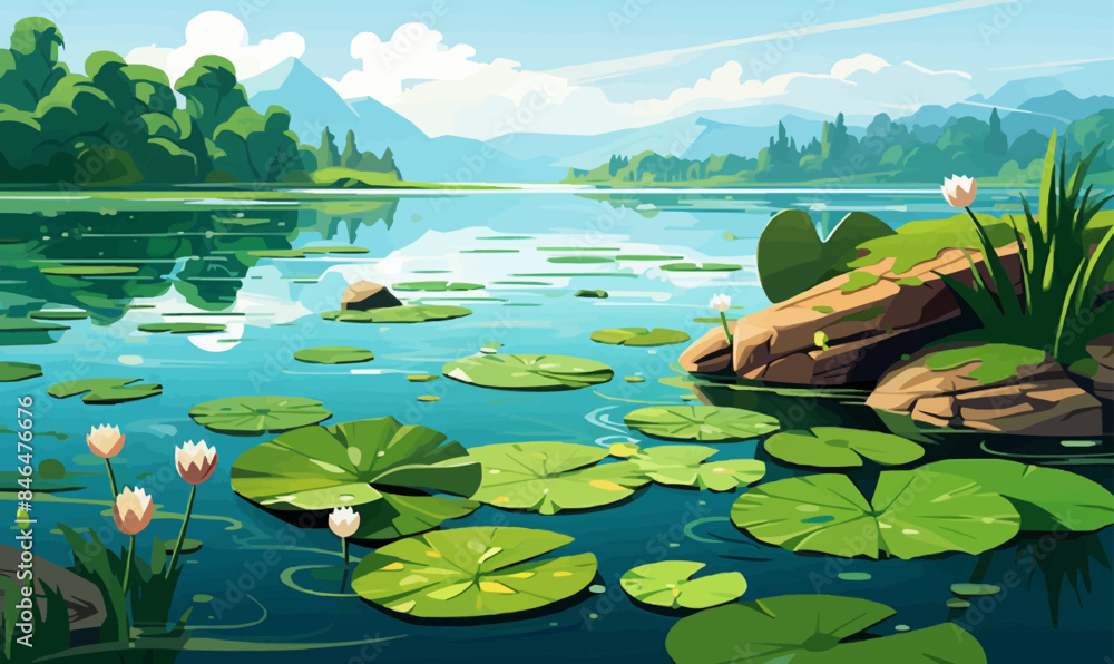 Wall mural a serene lake with lily pads vector simple 3d isolated illustration