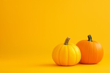 Two pumpkins on a bright yellow background, perfect for autumn and festive Halloween decorations. Copy space. 