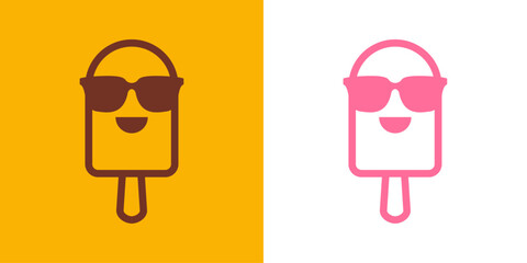 Logo popsicle. Silueta de helados de paleta con líneas sabores fresa, chocolate y vainilla con sonrisa y gafas de sol © teracreonte