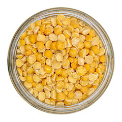 Yellow pea bean in a glass jar png. Isolated on transparent background. Top view