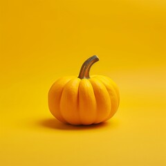 A single orange pumpkin on a vibrant yellow background, perfect for autumn and Halloween-themed projects. Copy space. 