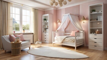 beautiful interior of a children's room in a modern style in light colors pink and white, comfort and coziness, natural daylight, soft shadows, super realistic, high detail, promotional photo