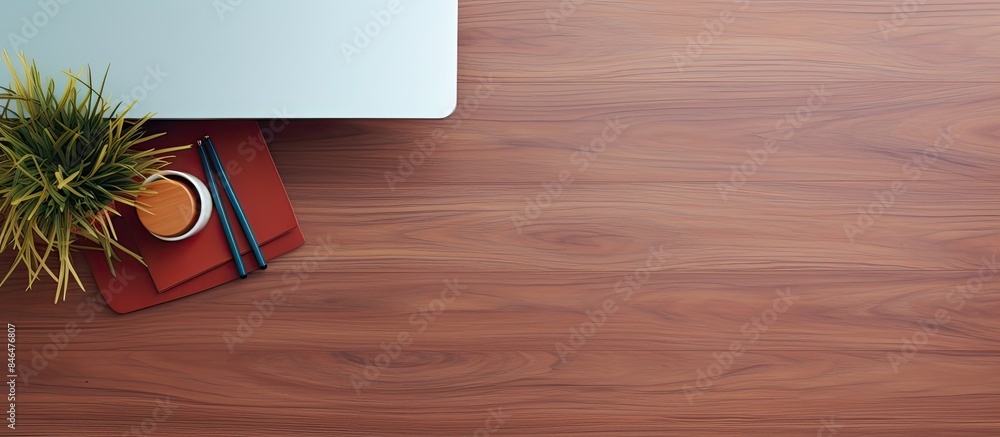 Poster hero header concept office desk table with computer office s supplies top view with copy space