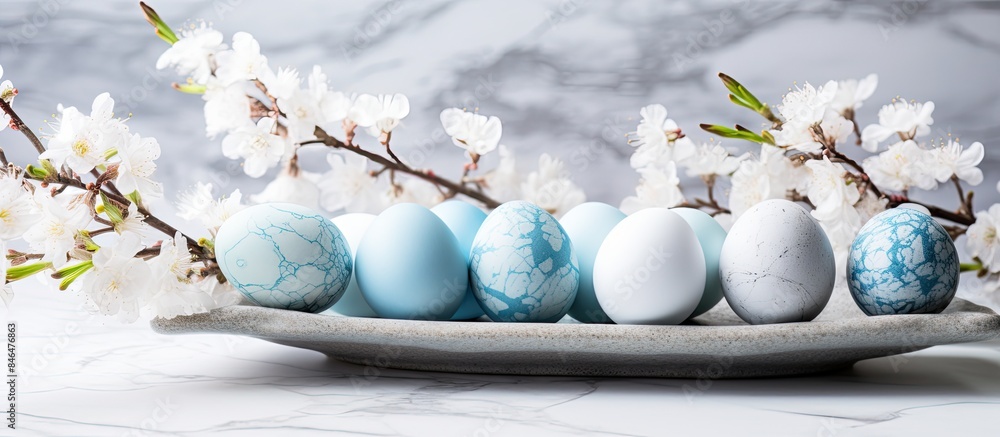 Poster tray of blue easter eggs transformed into dyed eggs with a light blue marble effect placed on a whit