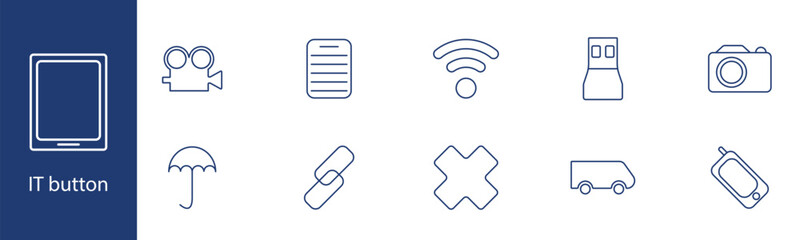 Fototapeta premium IT button set icon. Tablet, camera, list, wifi, USB, umbrella, link, delete, van, mobile. Technology, connectivity, communication concept.