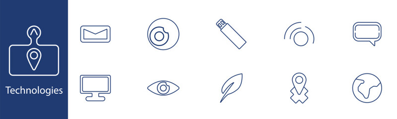 Technologies set icon. Email, USB, location, globe, monitor, eye, feather, chat, key, world. Digital, network, innovation concept.