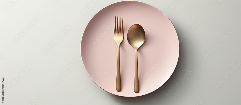 Poster grey background with copy space image featuring a flat lay arrangement of a pink plate and gold cutl