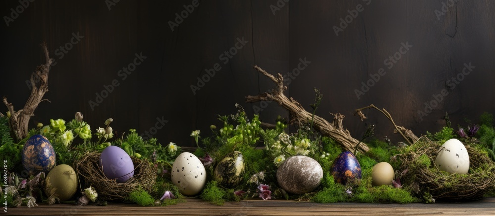 Poster on a moss covered wooden background there is a display of decorated easter eggs and willow branches 