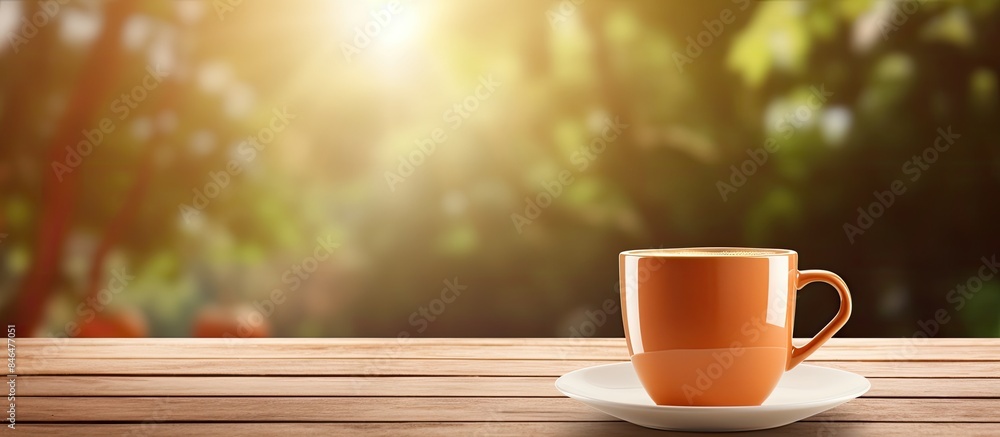 Poster coffee cup placed on the wooden surface with a blurred background providing ample space for showcasi