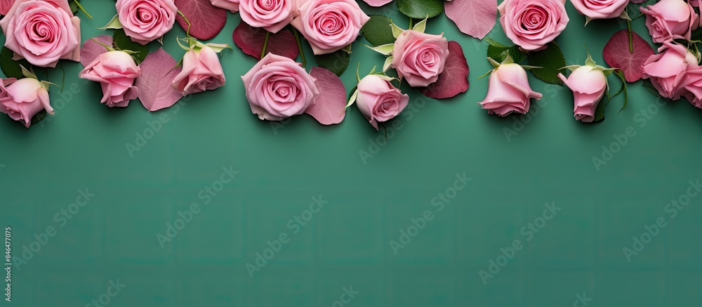 Aufkleber top view copy space image of a festive background adorned with pink roses over a green backdrop idea
