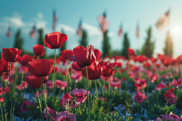 Beautiful poppy field in the sun. Generated by artificial intelligence