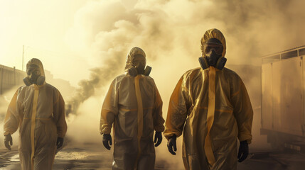 Three individuals in full-body yellow hazmat suits walk through a smoke-filled industrial area, portraying an atmosphere of urgency and danger.