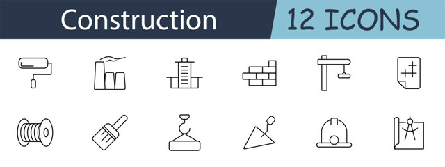 Construction set icon. Includes buildings, cranes, tools, and safety gear symbols. Suitable for building, engineering, and construction industry concepts. Vector line icon on white background.