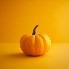 A single orange pumpkin on a vibrant yellow background, perfect for autumn and Halloween-themed projects. Copy space. 