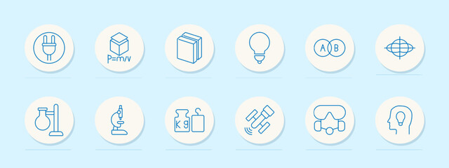 Science set icon. Microscope, flask, light bulb, and satellite. Research, experiment, discovery, and innovation concept.
