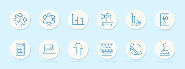 Education set icon. Calculator, atom, graph, and book. Learning, science, mathematics, and knowledge concept.