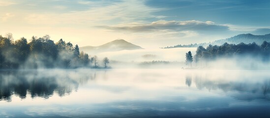 Early in the morning there is a foggy lake landscape with mist. copy space available