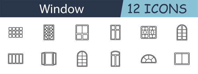 Window set icon. Includes various window types, frames, and architectural symbols. Ideal for home design, building, and renovation concepts. Vector line icon on white background.