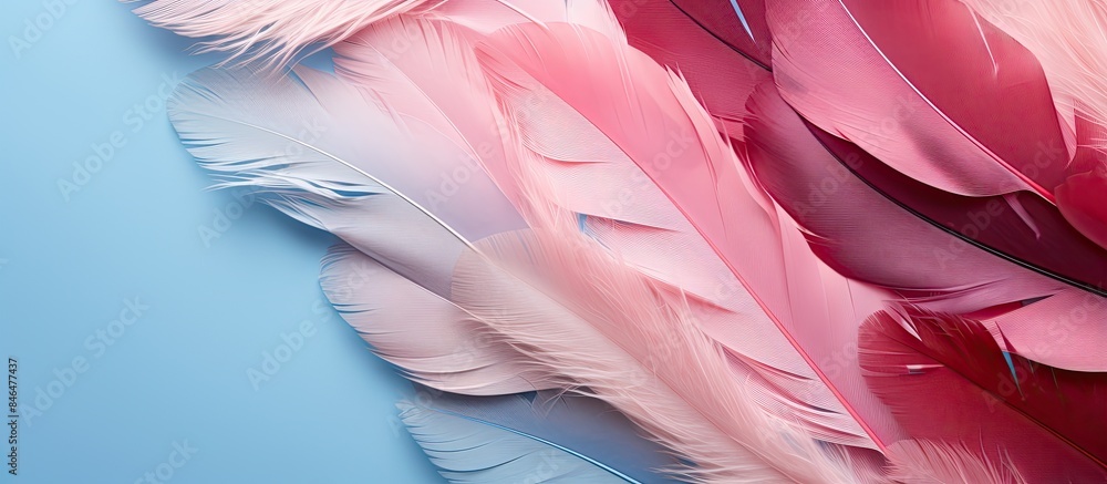 Poster flat lay with copy space image featuring stunning blue and pink bird feathers set against a pastel b
