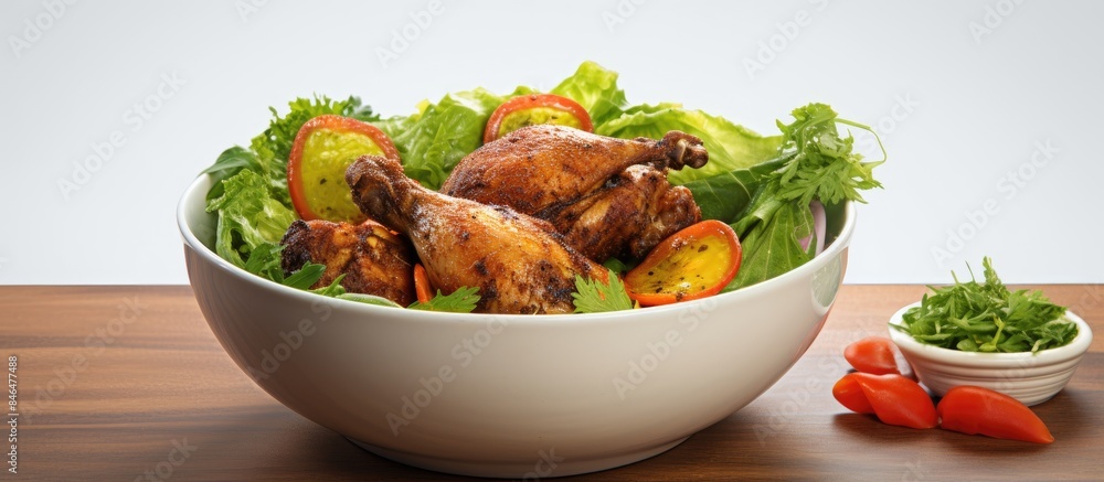 Poster spiced chicken drumstick with salad and turmeric served in a white bowl perfect for a copy space ima