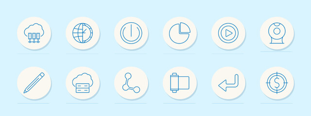 Data management set icon. Server, graph, cloud, and storage. Database, analytics, technology, and infrastructure concept.